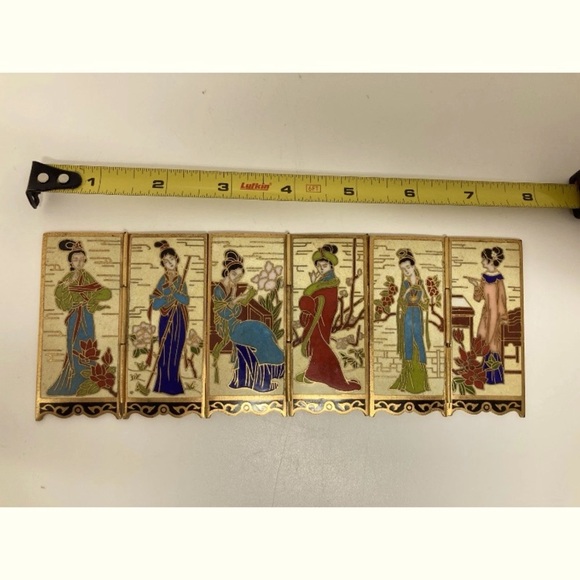 Vintage Cloisonné Asian Tabletop Screen with Beautiful Geisha Scenes Design - Picture 7 of 8